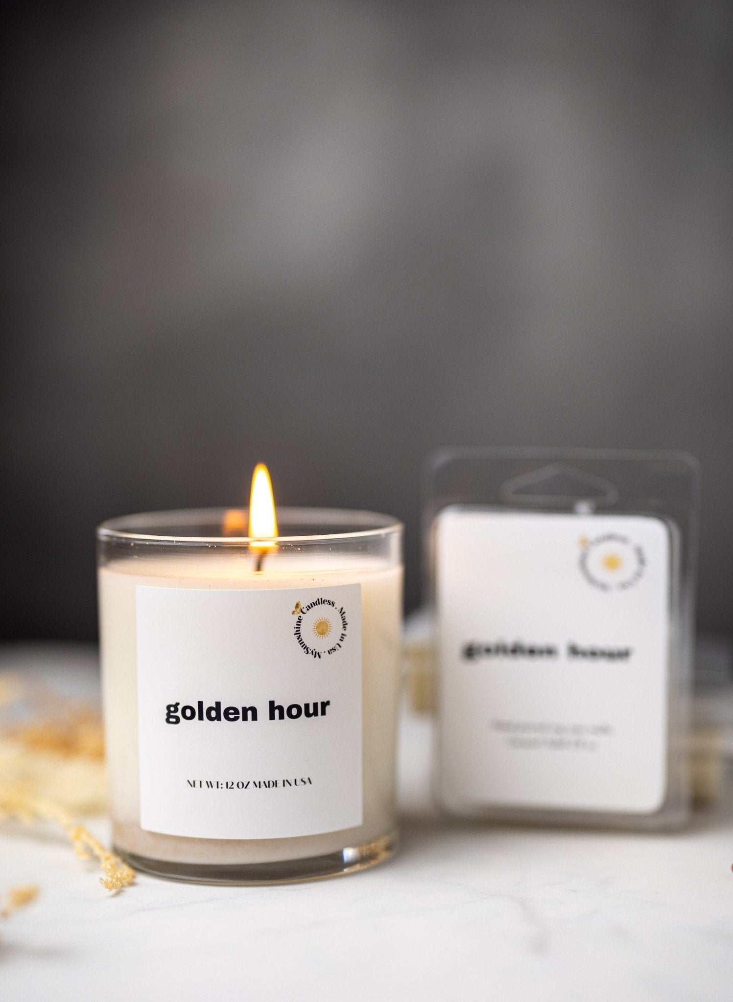Golden Hour Scented Wax Candle/9 oz Candle/Clear Glass Jar + Wax MELTS