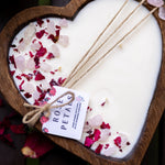 Beautiful Heart Wood Dough Bowl Candle/Crystals & Flowers 3 Cotton Wick