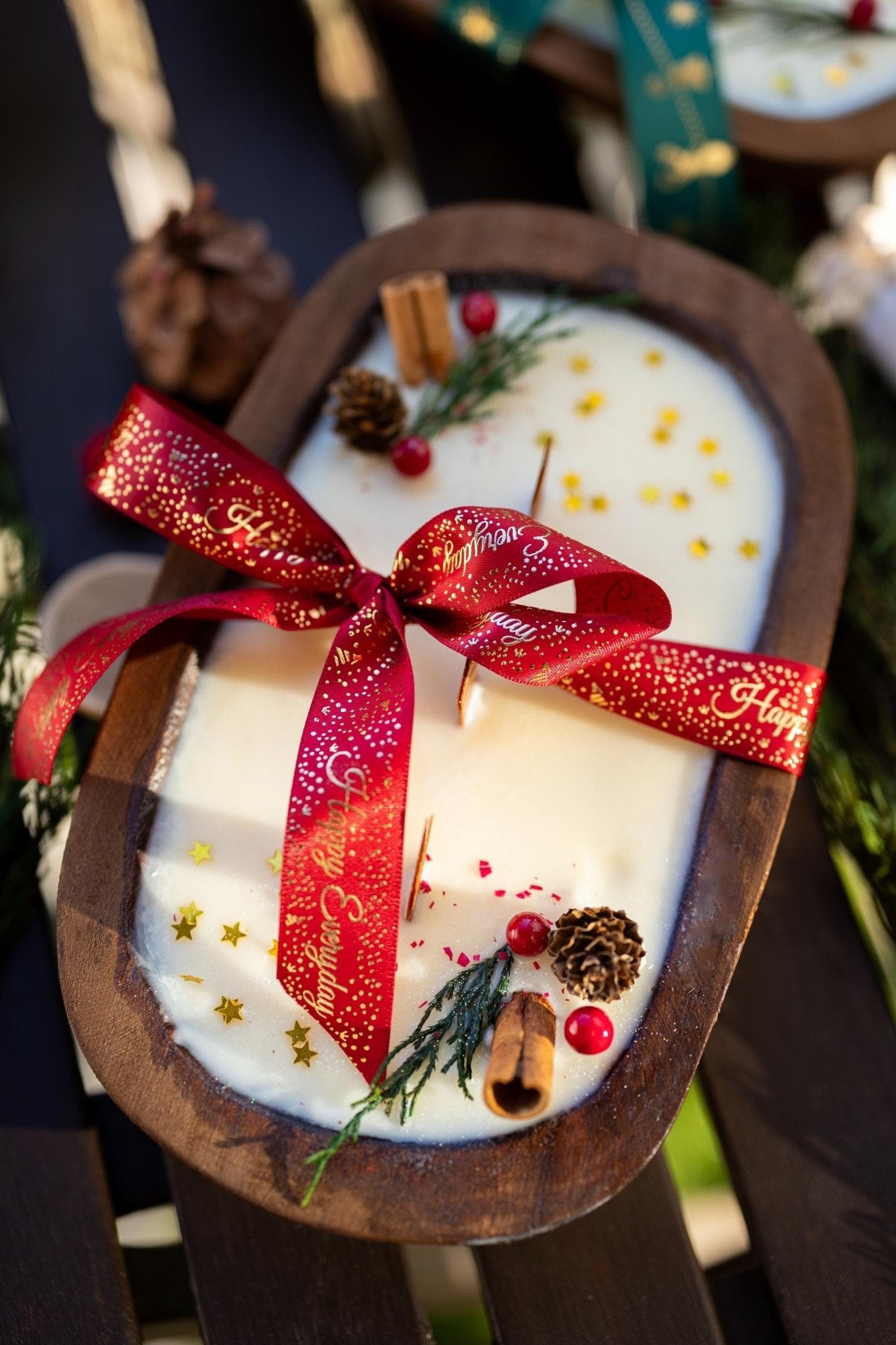 Christmas Wooden Dough Bowl Candle |Hand Crafted Multipurpose home decor | Farmhouse | Soy Wax Scented Candle | Natural Scent |Holiday Gift