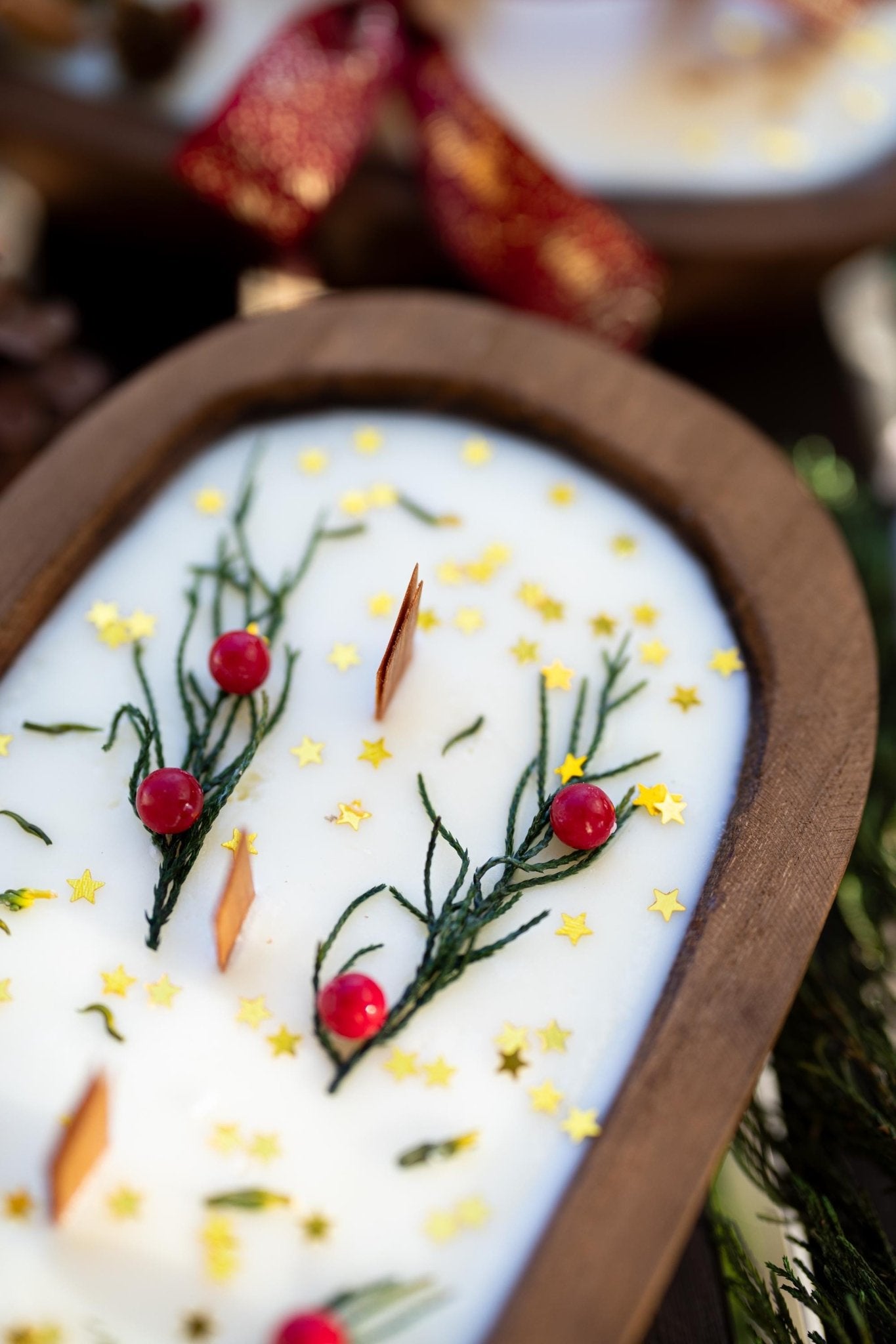 Festive Holiday Wood Dough Bowl Candle