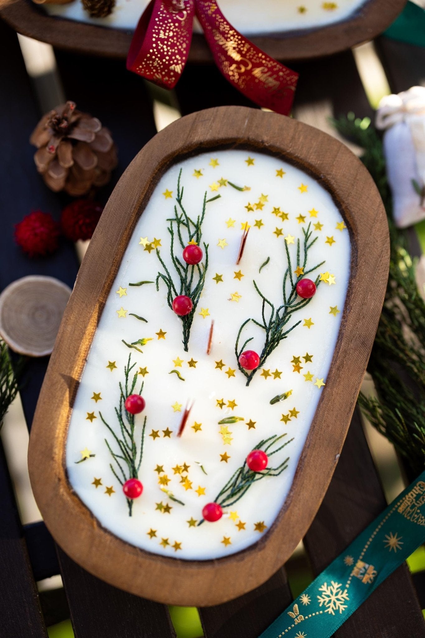 Festive Holiday Wood Dough Bowl Candle