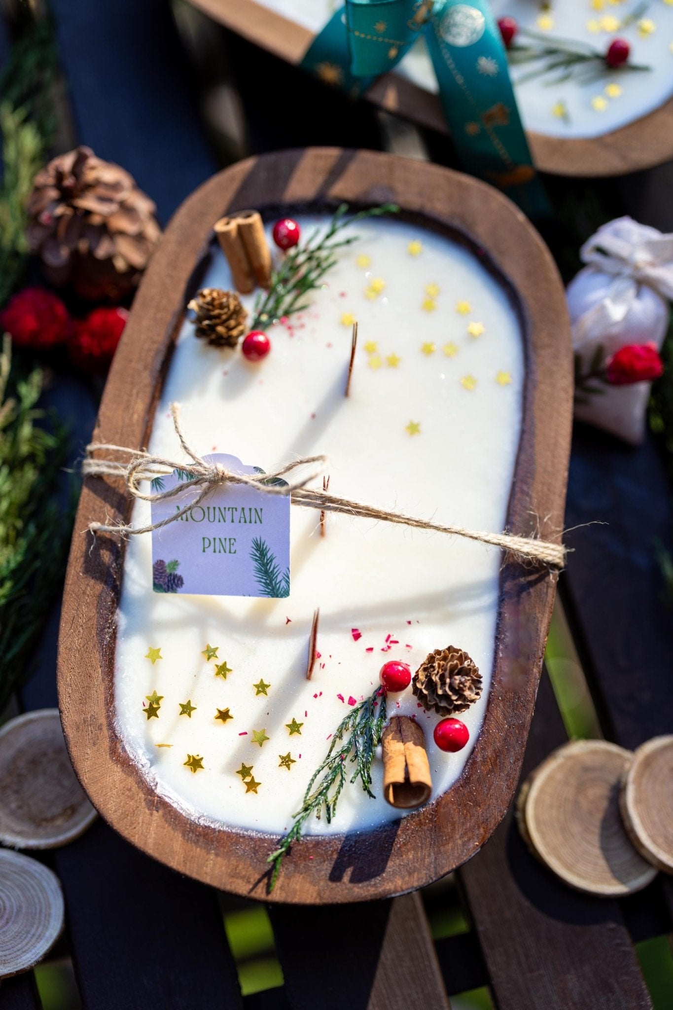 Christmas Wooden Dough Bowl Candle |Hand Crafted Multipurpose home decor | Farmhouse | Soy Wax Scented Candle | Natural Scent |Holiday Gift