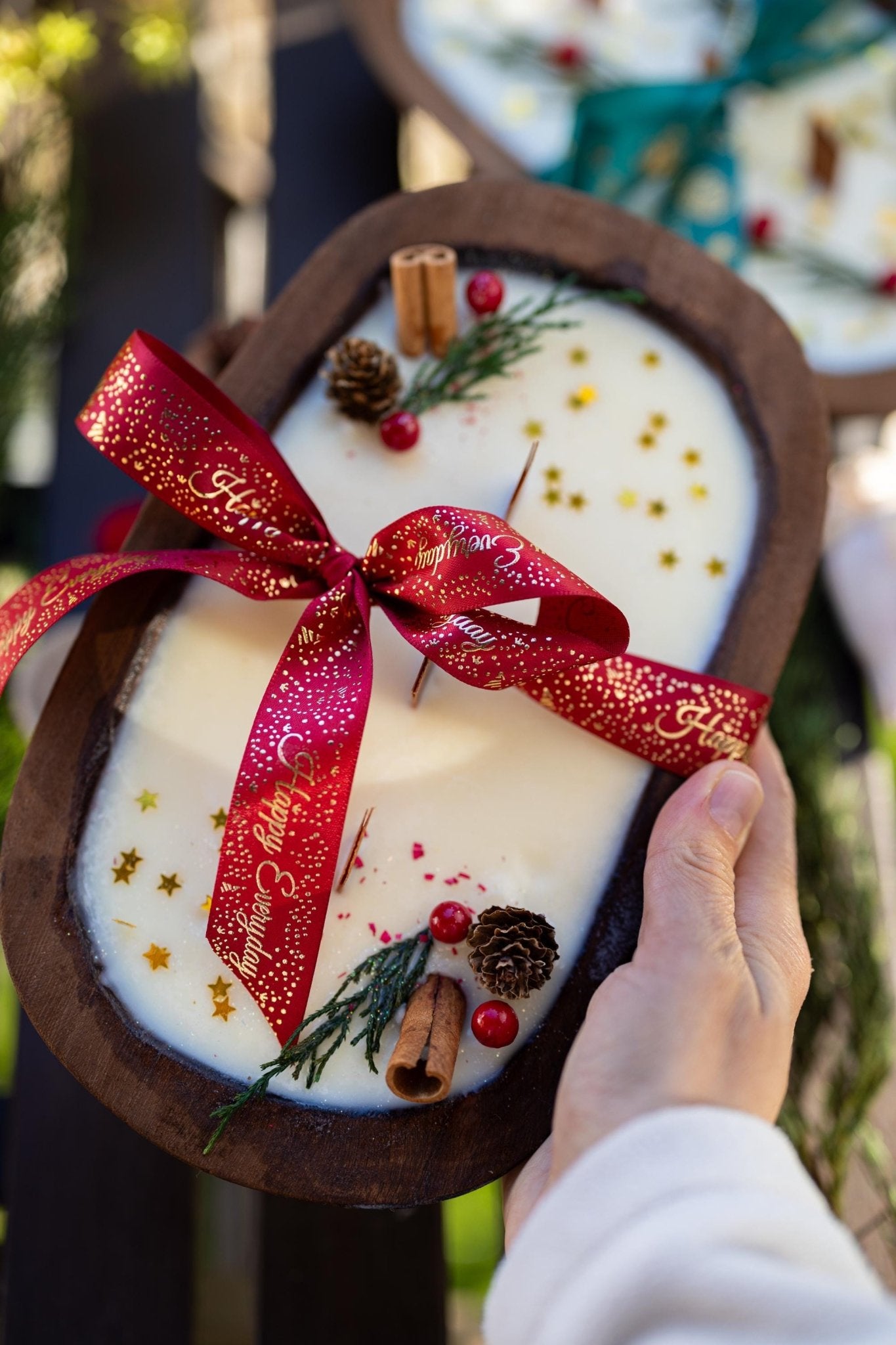 Christmas Wooden Dough Bowl Candle |Hand Crafted Multipurpose home decor | Farmhouse | Soy Wax Scented Candle | Natural Scent |Holiday Gift
