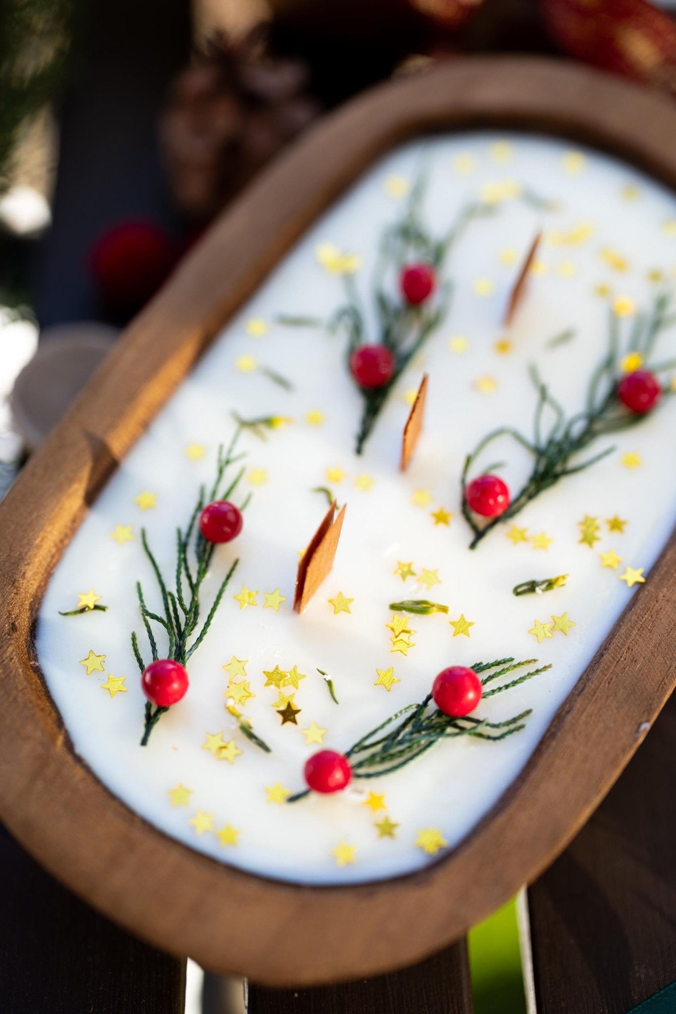 Festive Holiday Wood Dough Bowl Candle