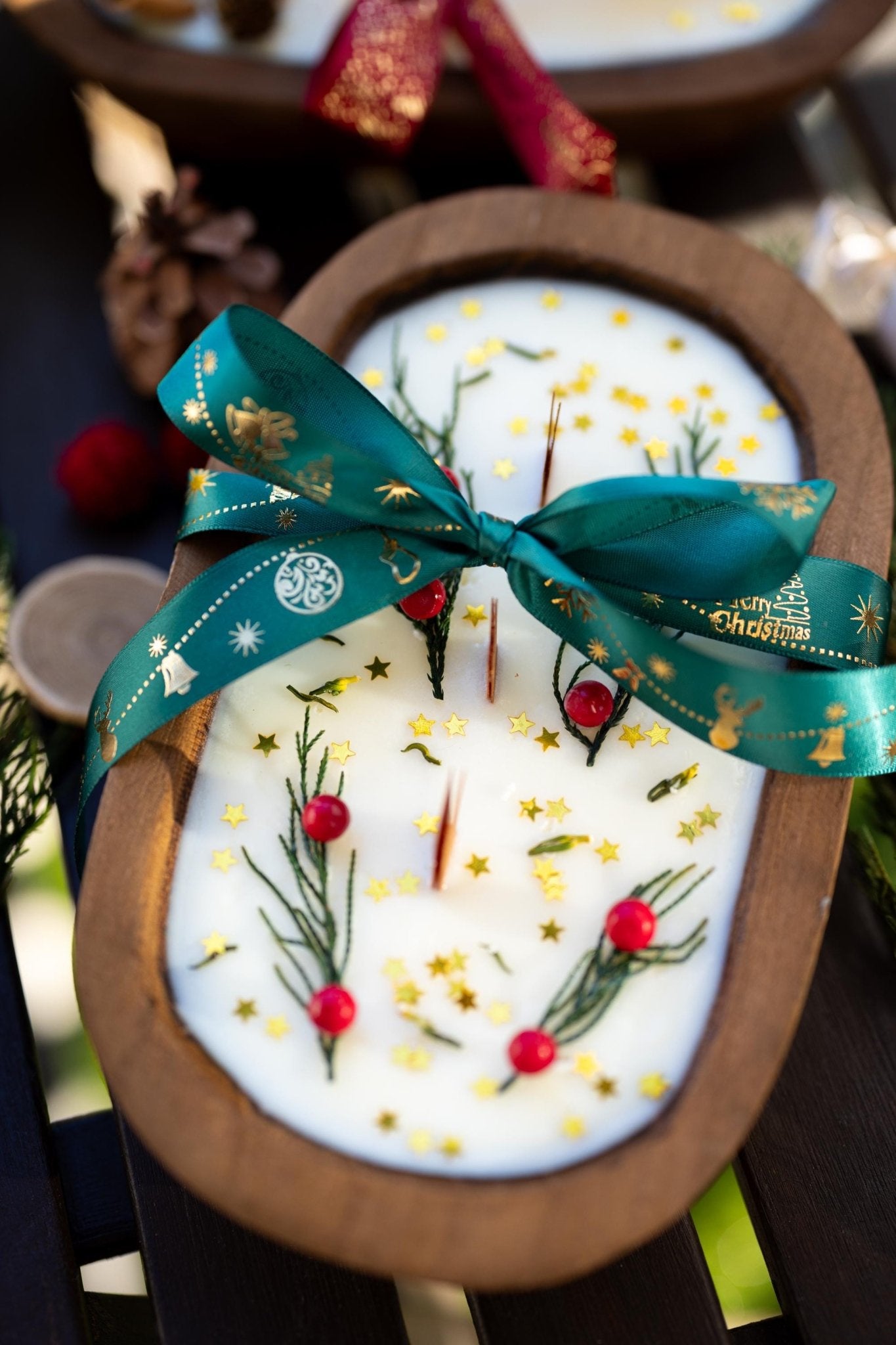 Festive Holiday Wood Dough Bowl Candle