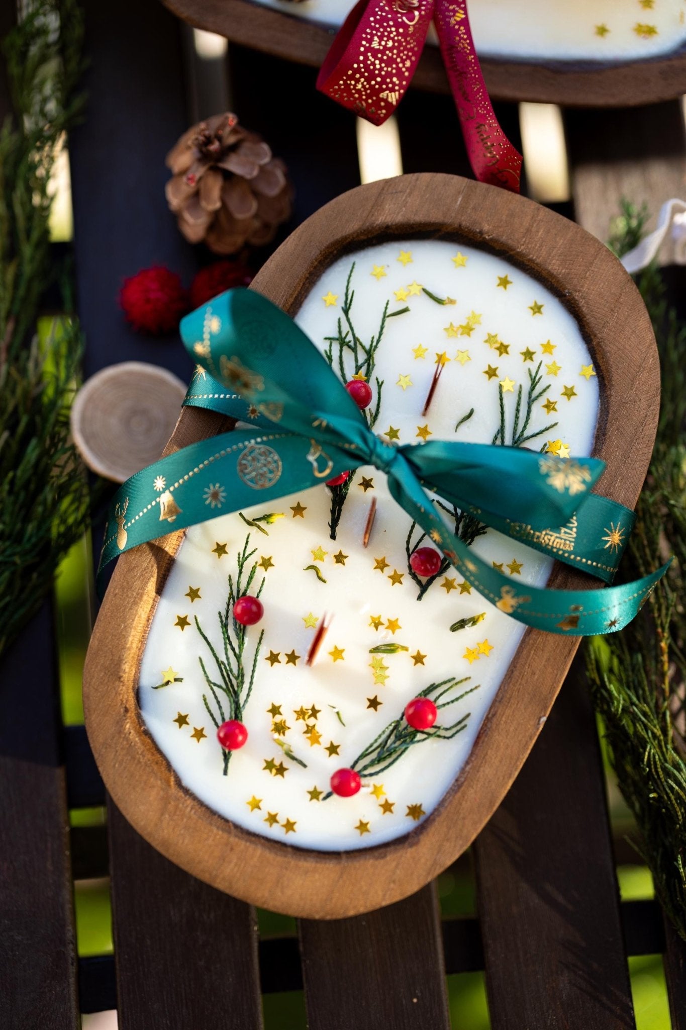 Festive Holiday Wood Dough Bowl Candle