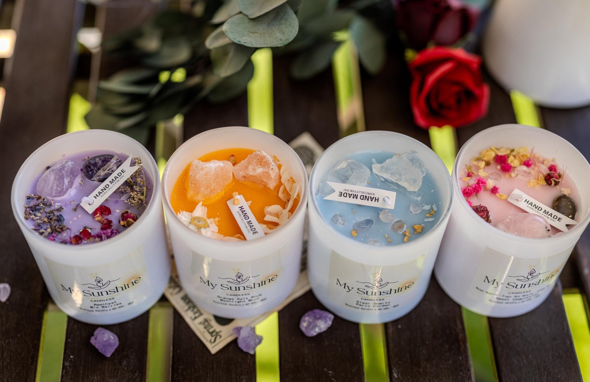 Intention Candles Infused with Crystals and Herbs/Homemade Meditation Manifestation Crystal Candle/ Witchy Spiritual Healing Crystals