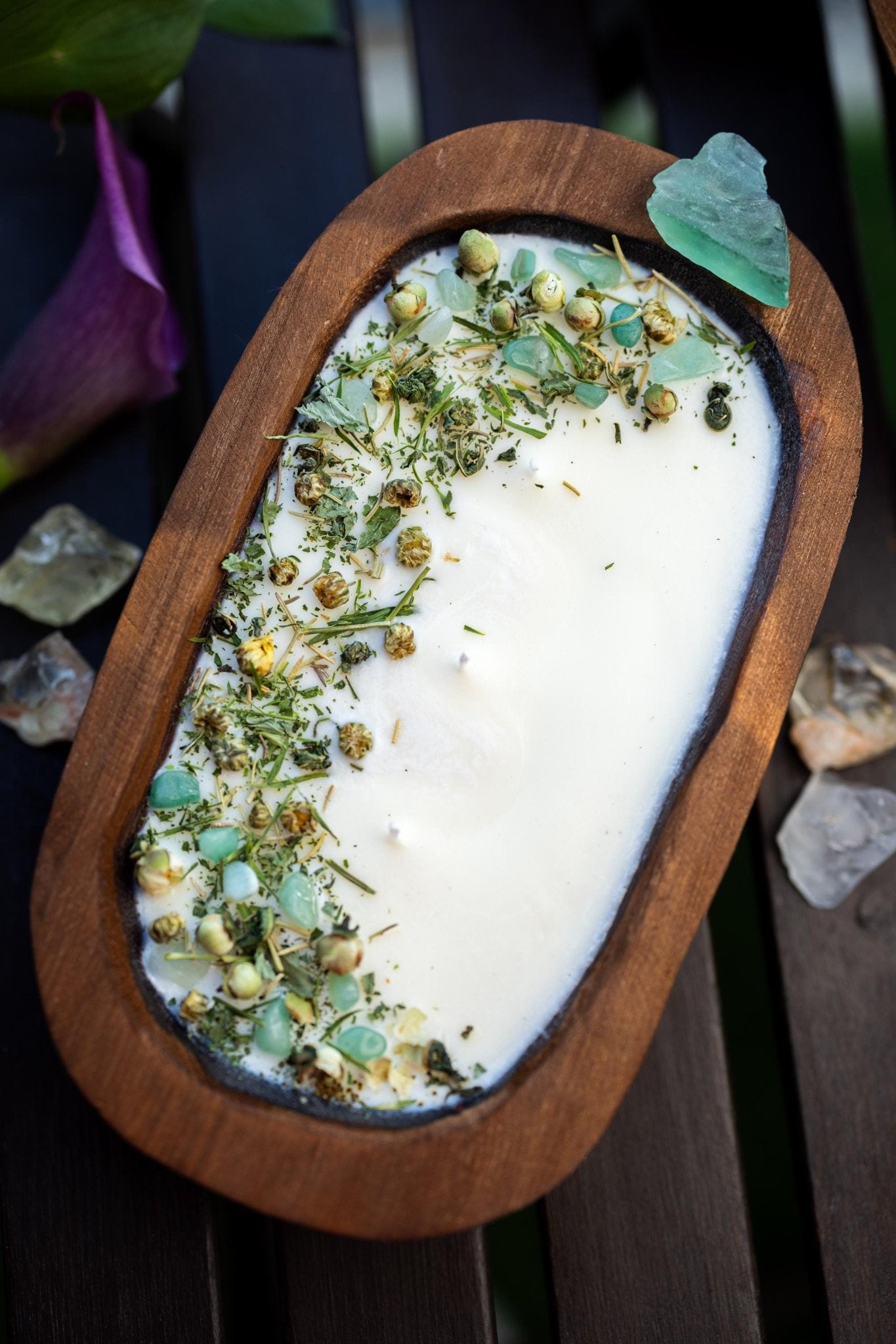 WOOD DOUGH BOWL Crystal Candle Natural/Stone Candle Spell Candle /Crystal Infused Candle / Dry Flowers Candle /Housewarming Gift 3 Wood Wick