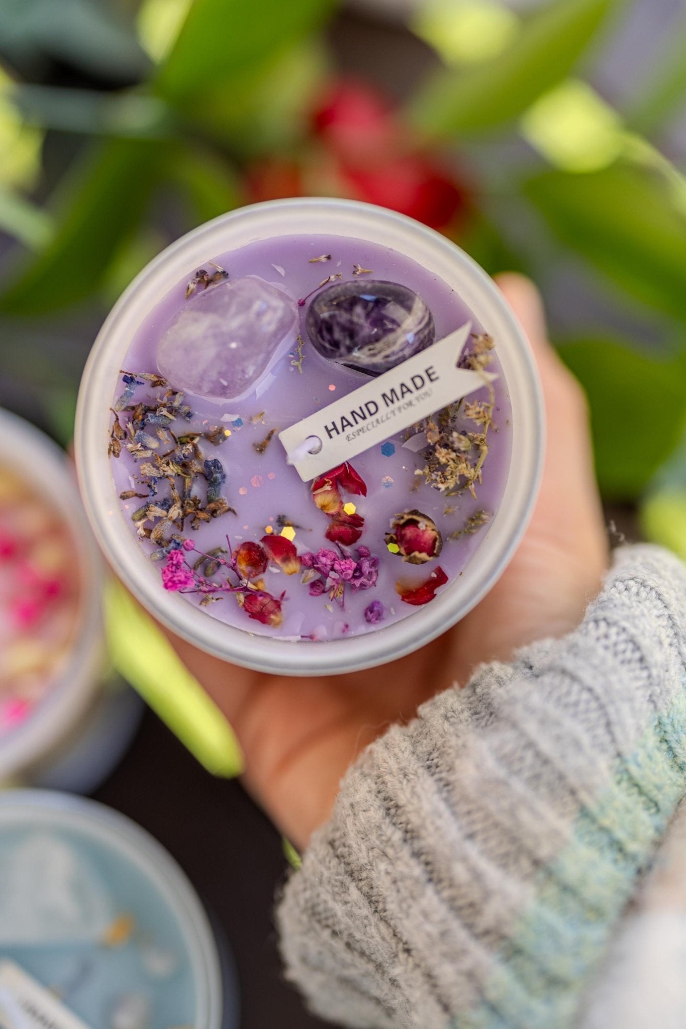 Intention Candles Infused with Crystals and Herbs/Homemade Meditation Manifestation Crystal Candle/ Witchy Spiritual Healing Crystals