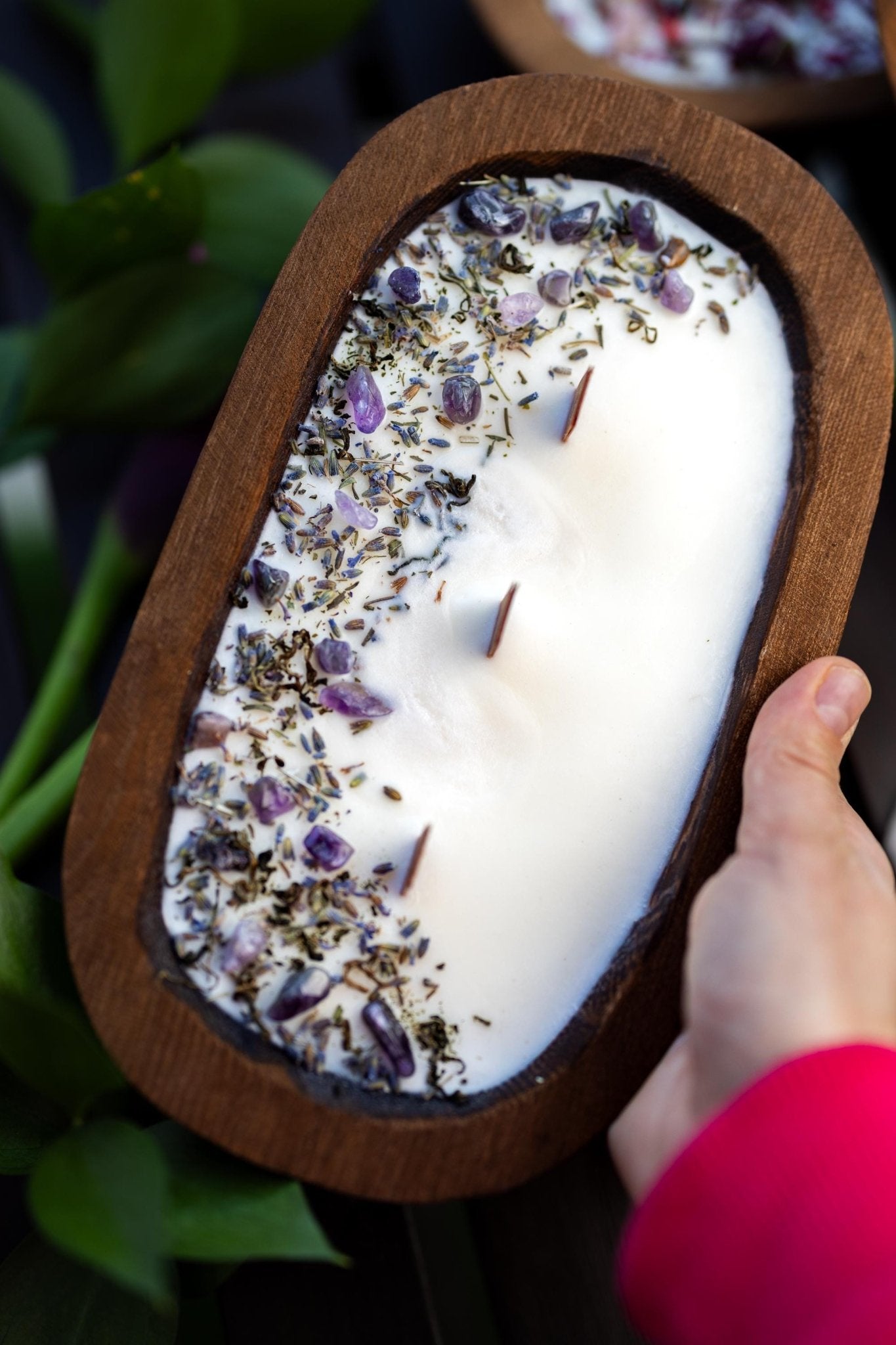 WOOD DOUGH BOWL Crystal Candle Natural/Stone Candle Spell Candle /Crystal Infused Candle / Dry Flowers Candle /Housewarming Gift 3 Wood Wick