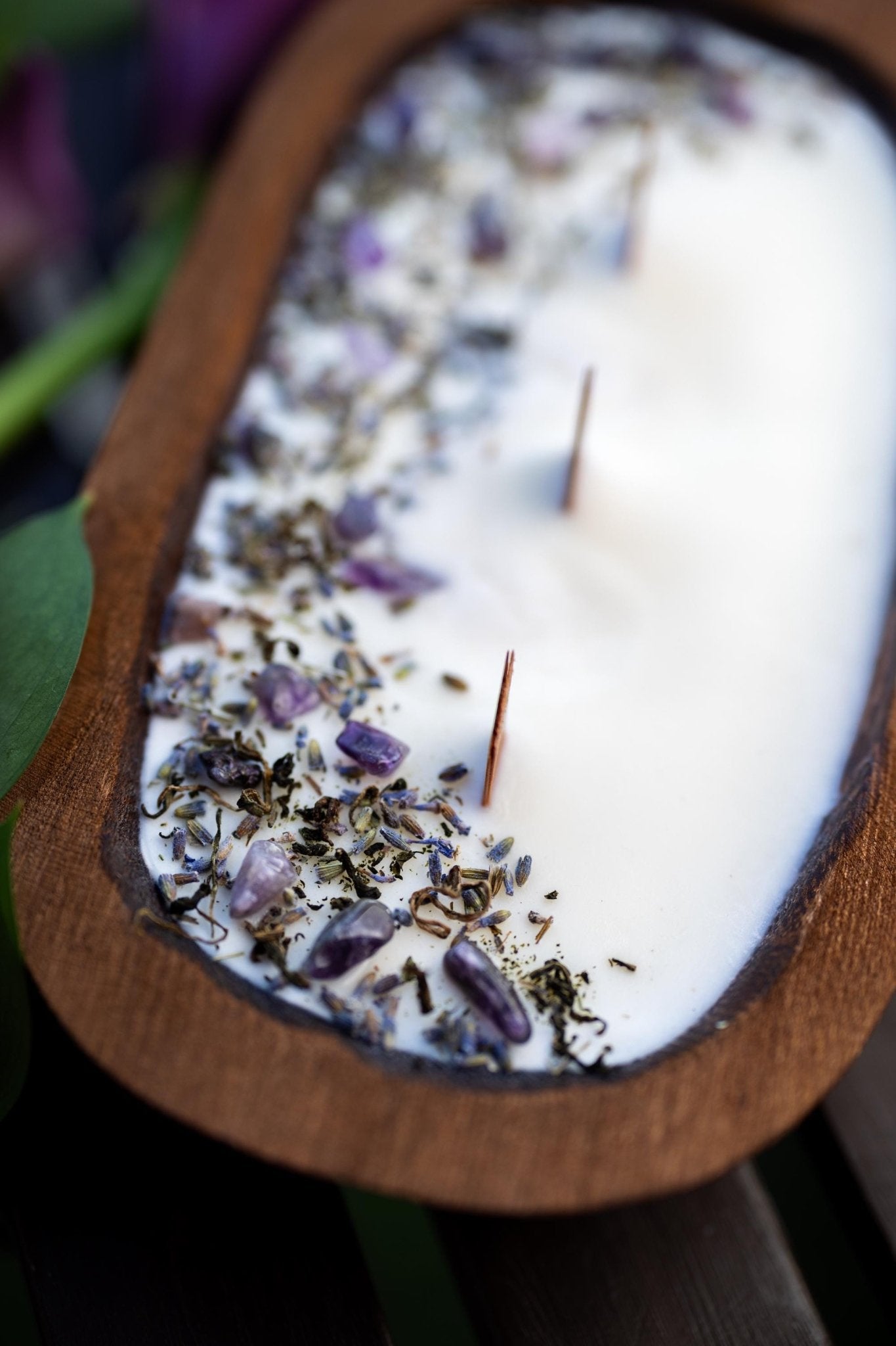 WOOD DOUGH BOWL Crystal Candle Natural/Stone Candle Spell Candle /Crystal Infused Candle / Dry Flowers Candle /Housewarming Gift 3 Wood Wick