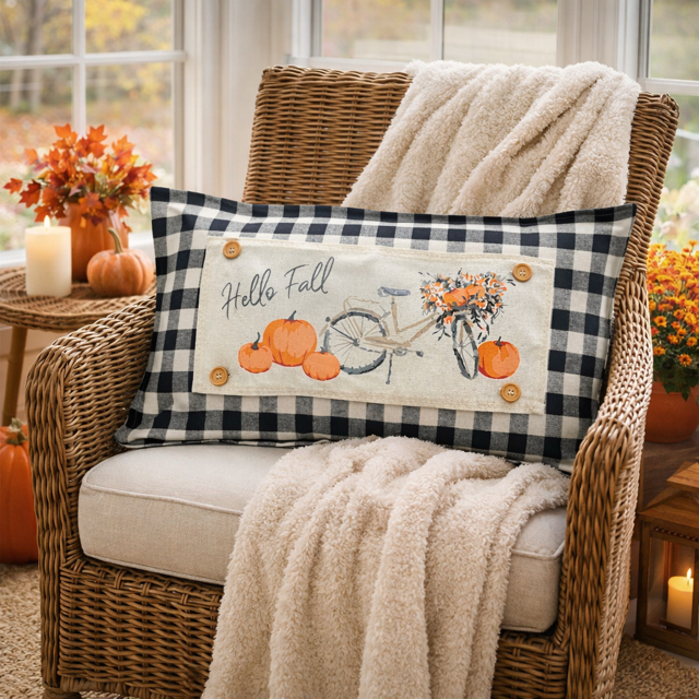 PANEL ONLY: RECTANGLE Hello Fall Floral Vintage, Boho, Autumn; FALL BIKE