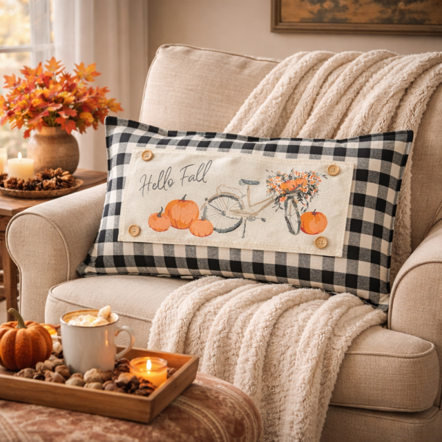 PANEL ONLY: RECTANGLE Hello Fall Floral Vintage, Boho, Autumn; FALL BIKE