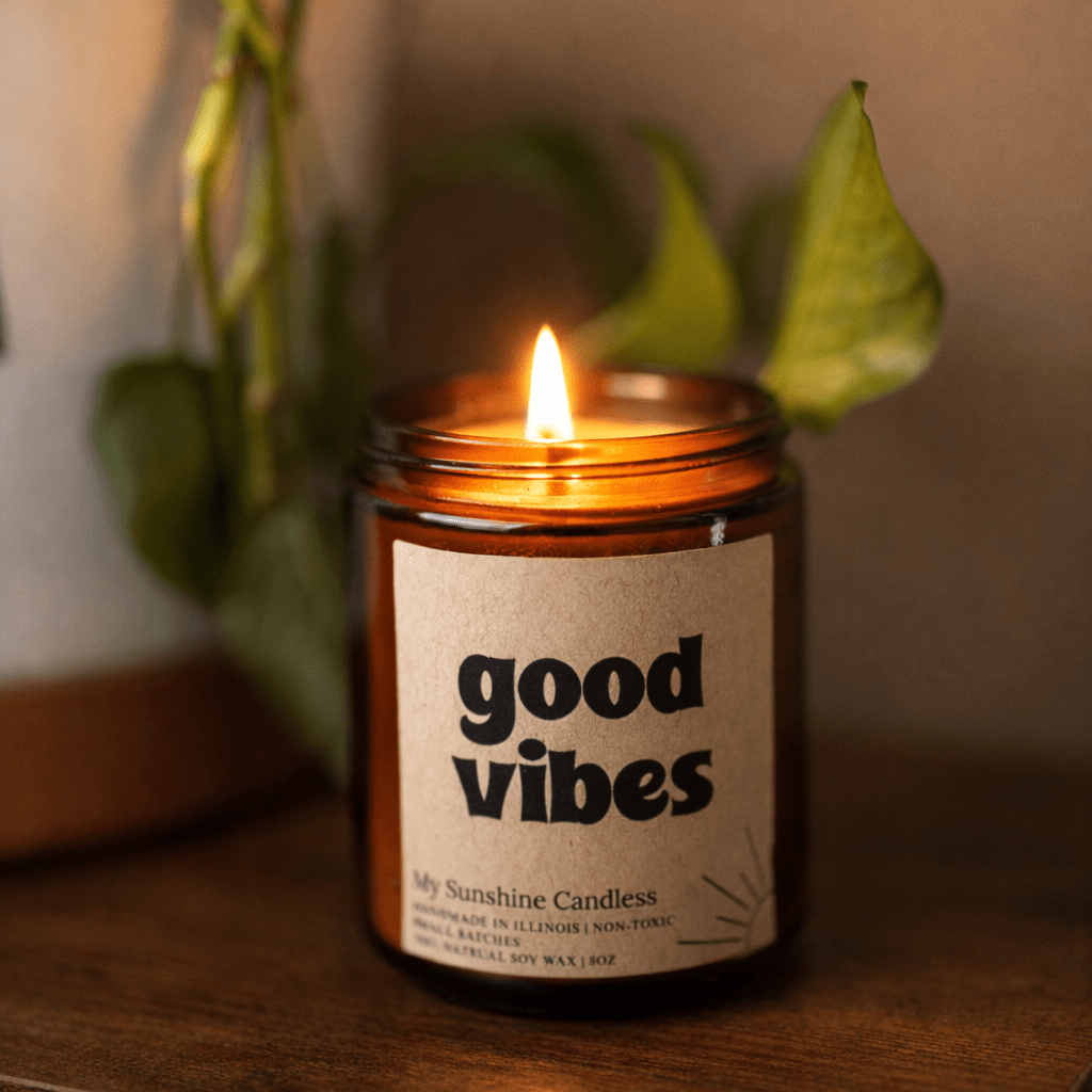 Good Vibes Amber Jar Candle 8 oz – Soy Wax Candle, Clean Burning, Non-Toxic, Handmade - MY Sunshine Candless